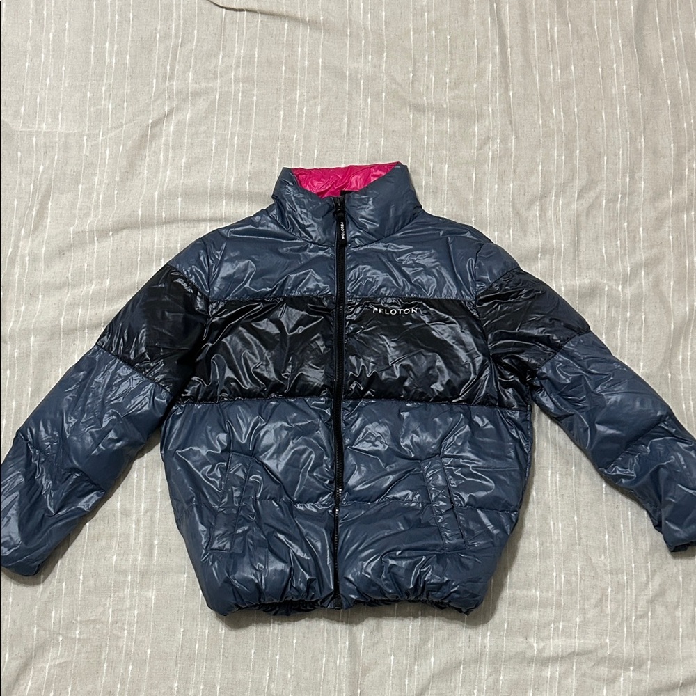 Peloton Puffer Jacket - Black and Blue with Pink Lining